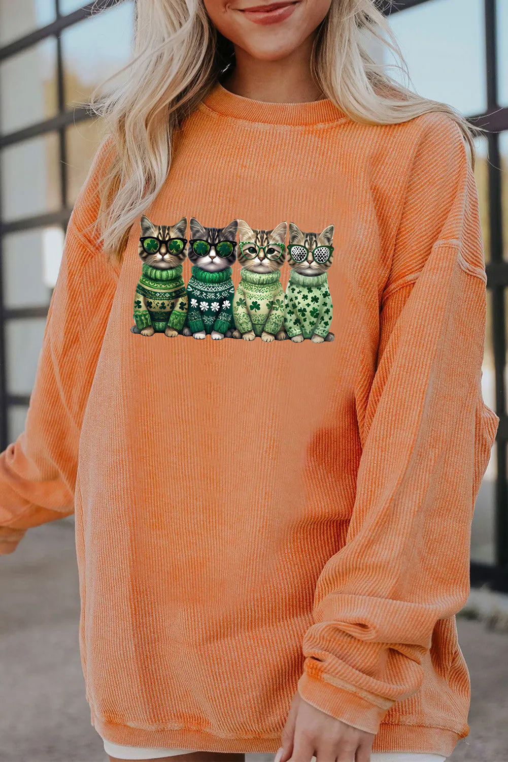 Saint Patrick’s Day Lucky Cats Graphic Corded Sweatshirt