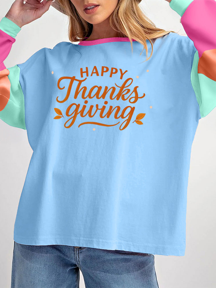 Thanksgiving Day Color Block Long Sleeve Graphic Top