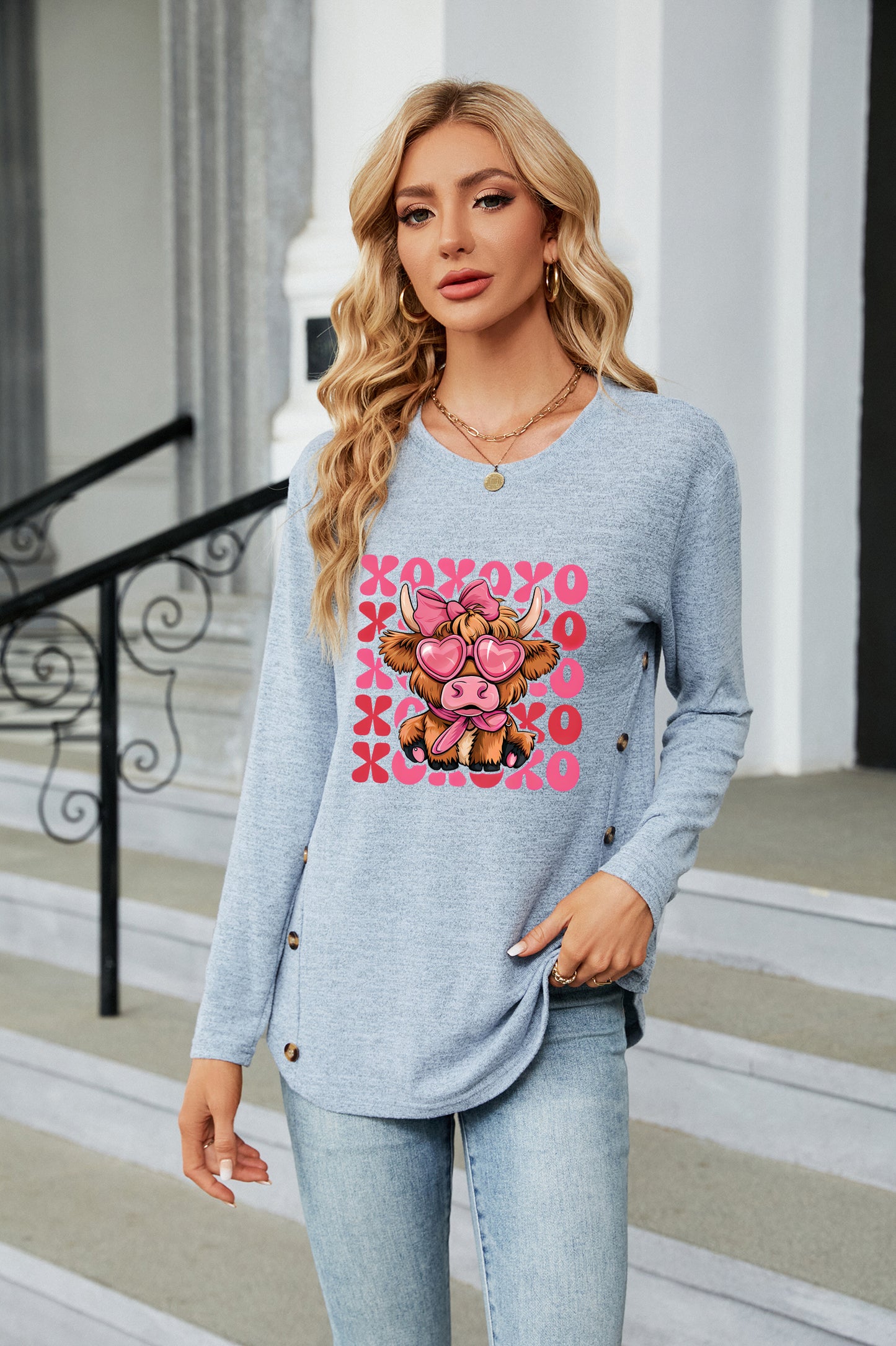 Valentine's Day Cute Pig XOXO Graphic Long Sleeve Top