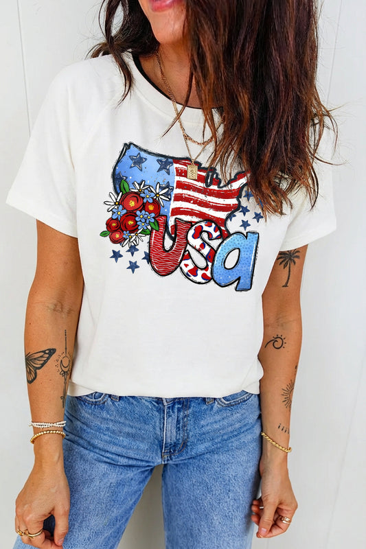 4th of July Floral USA Flag Patriotic Graphic Tee