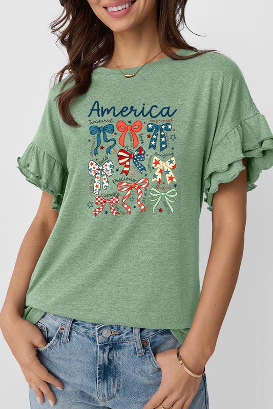America Bow Graphic Ruffle Sleeve Tee Patriotic Holiday Top