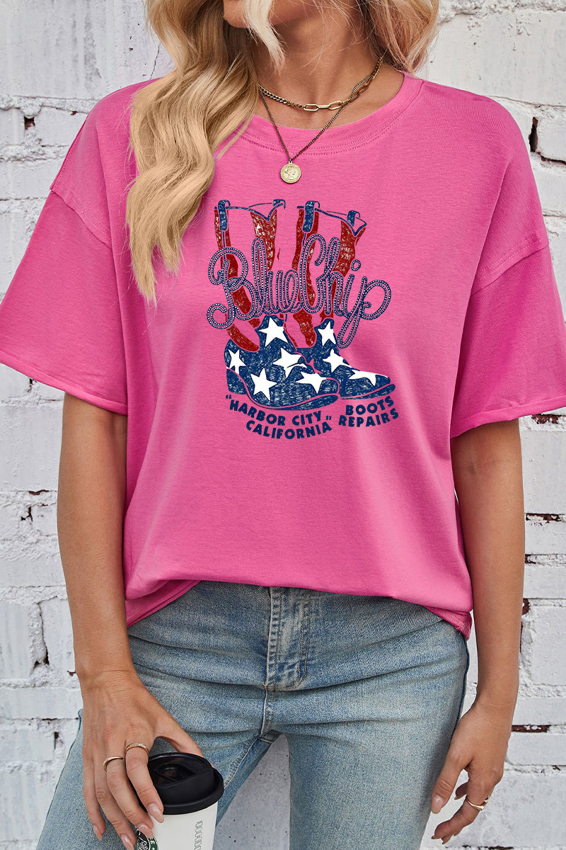 Blue Chip Boots Print Rayon Tee Oversized Patriotic Top