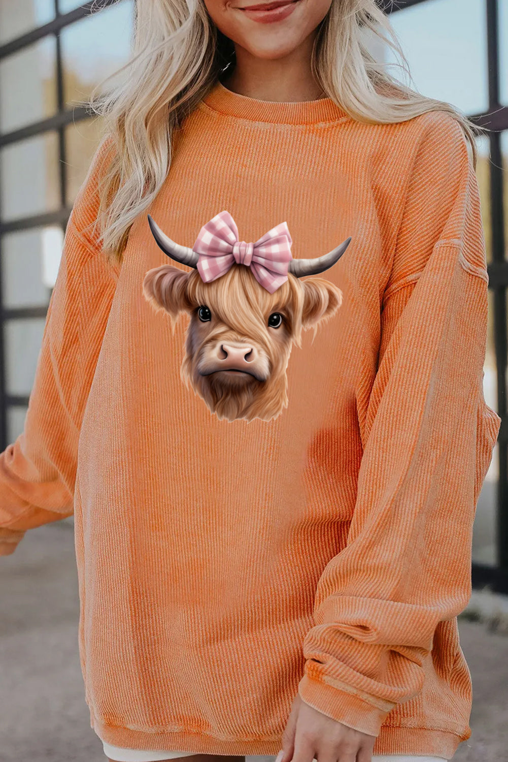 Western Graphic Highland Cow Bow Print Oversized Sweatshirt