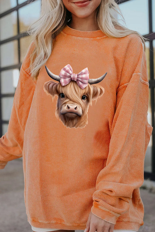 Western Graphic Highland Cow Bow Print Oversized Sweatshirt