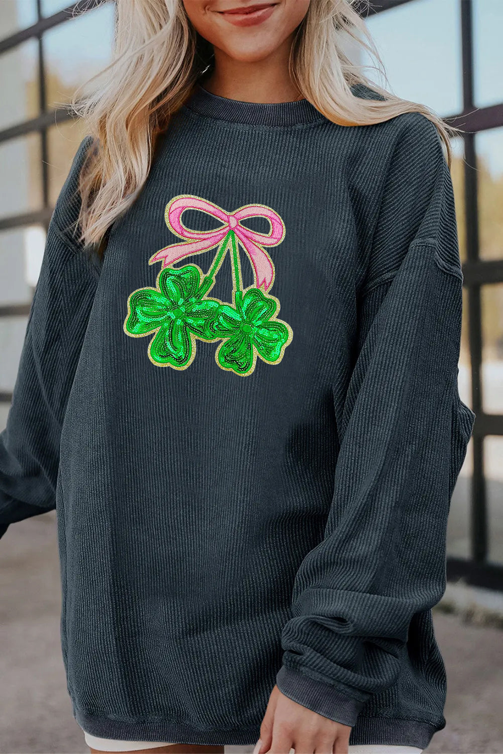 Saint Patrick’s Day LUCK Clover Graphic Corded Sweatshirt