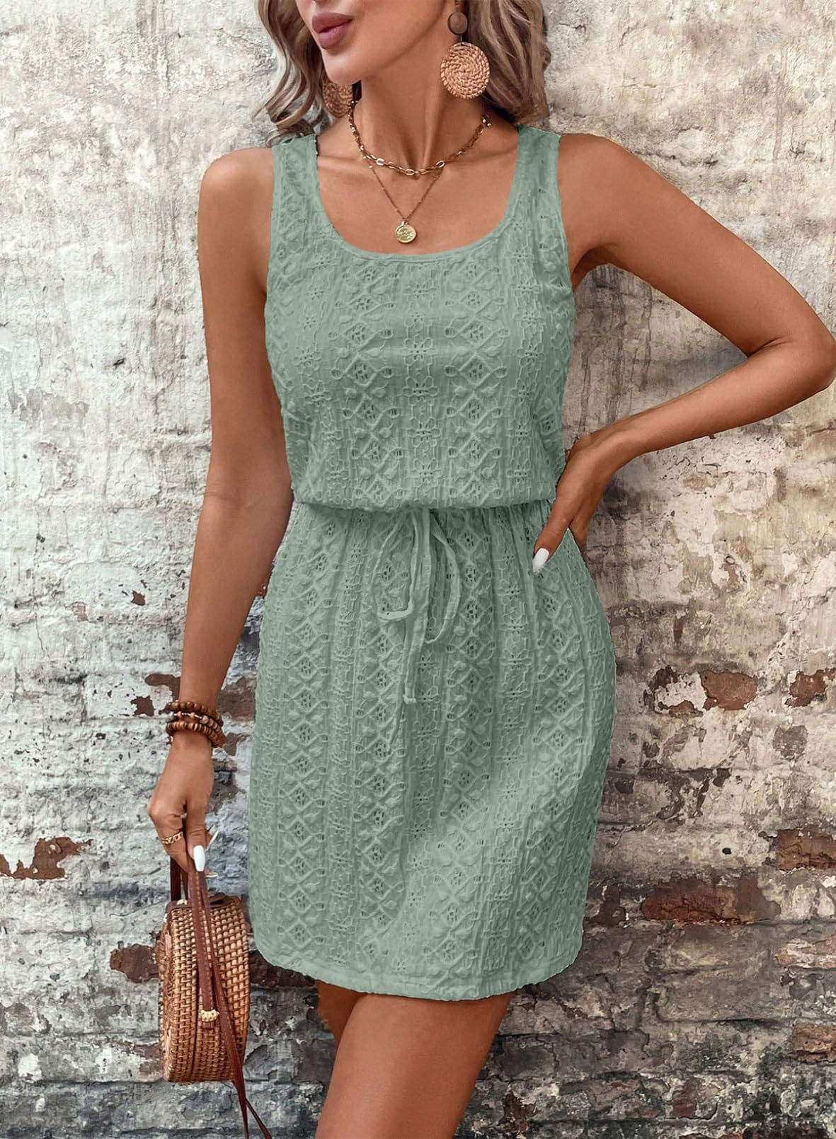Sleeveless Eyelet Dress Square Neck Drawstring Summer