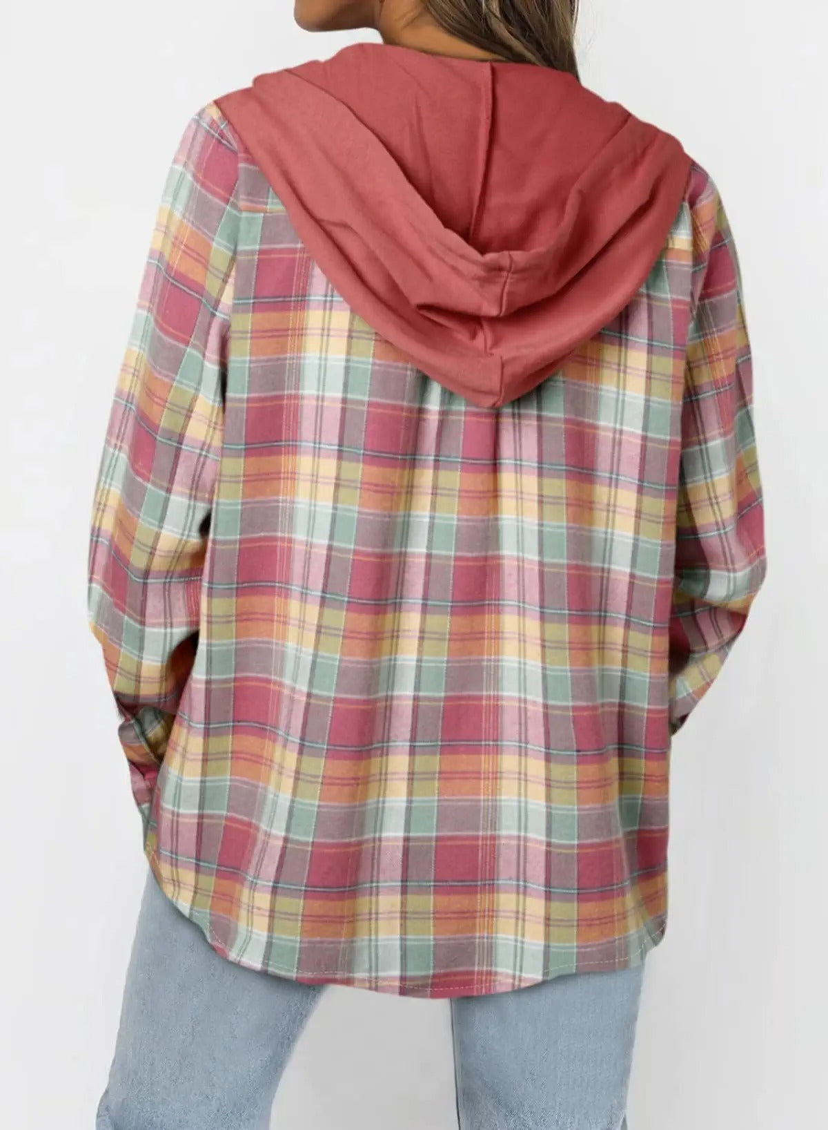 Plaid Hooded Shacket Button Front Oversized Fit