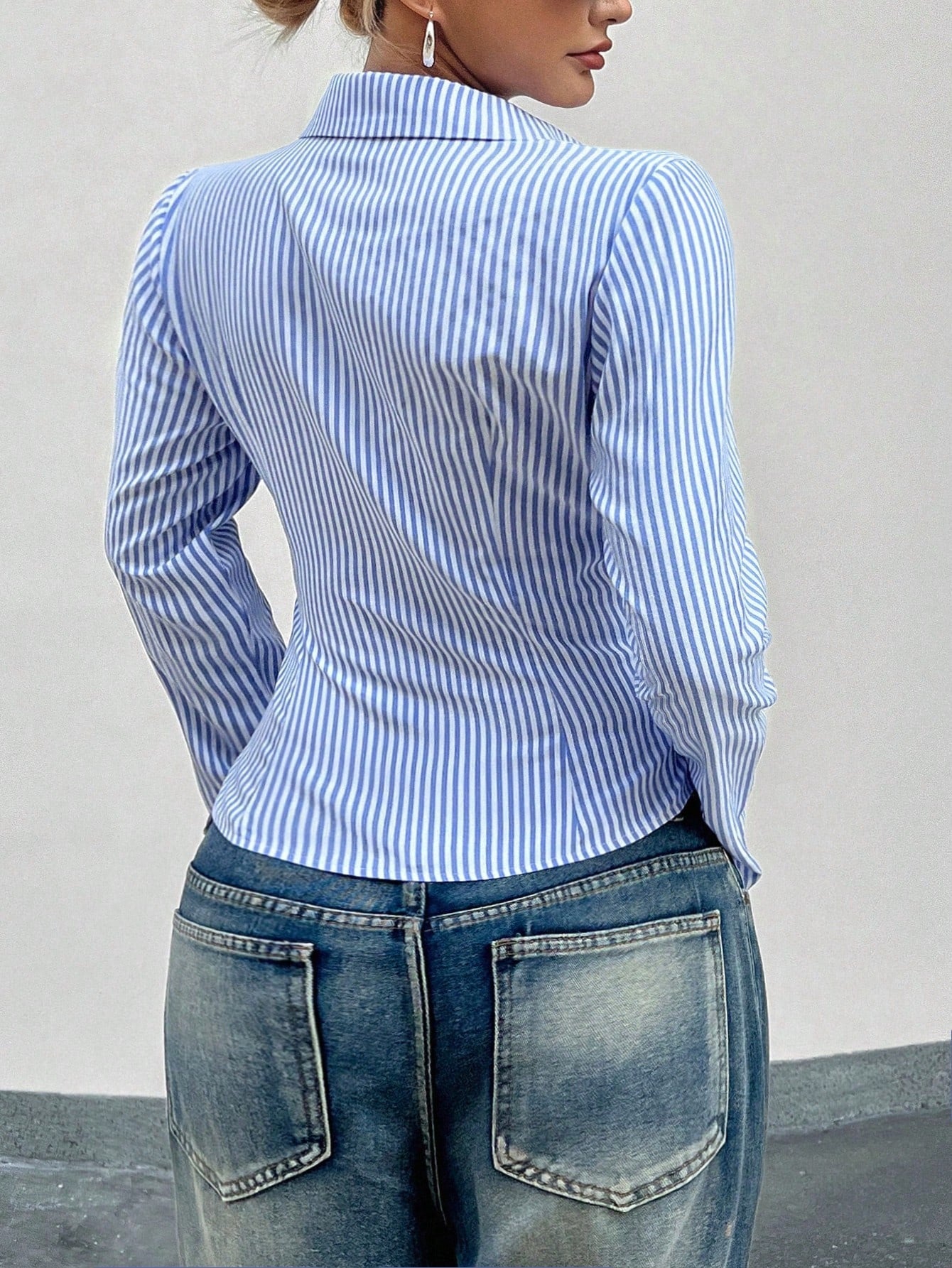 Striped Button-Up Shirt Fitted Long Sleeve Work Blouse