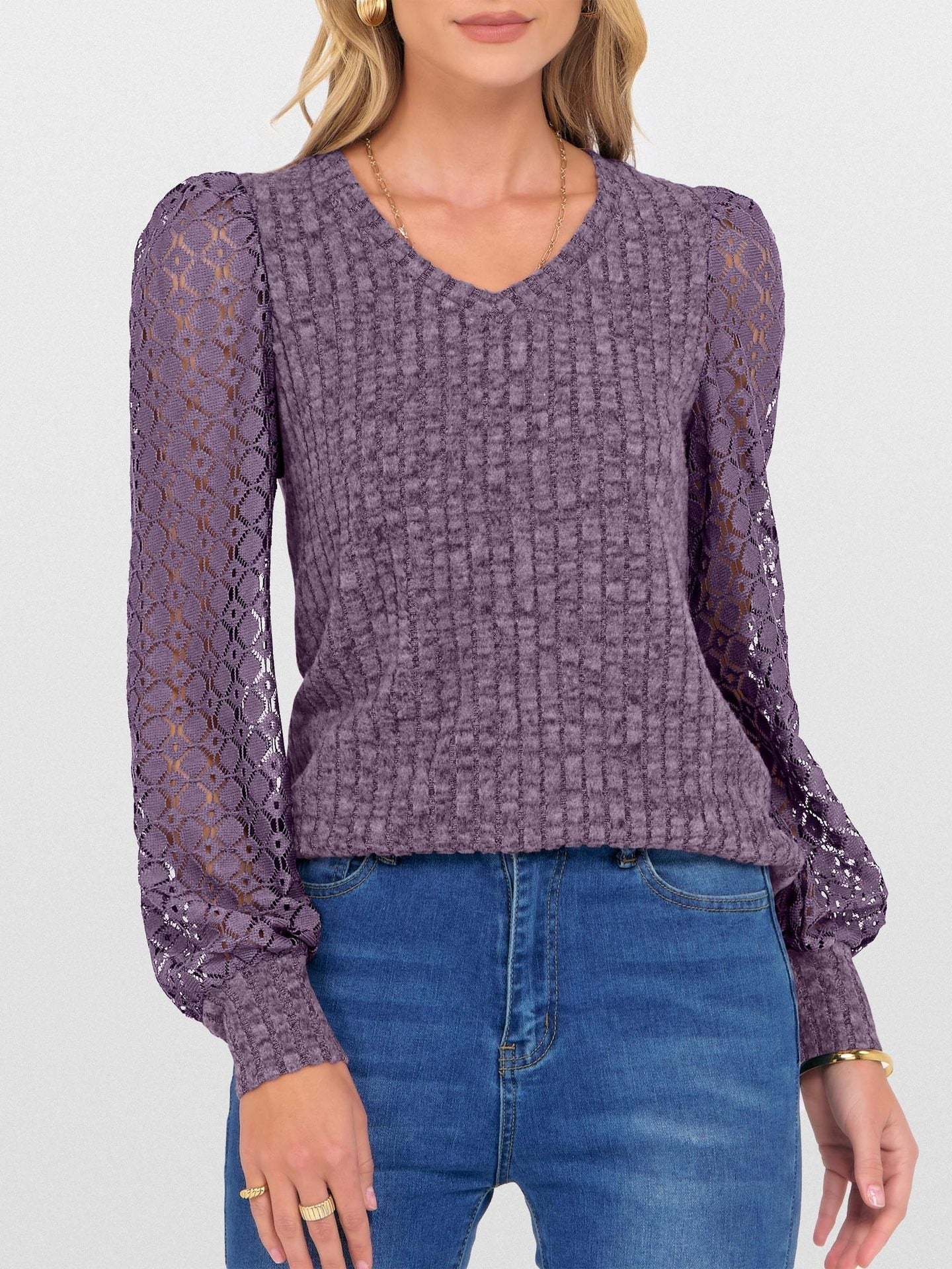 V-Neck Knit Top with Lace Puff Long Sleeves