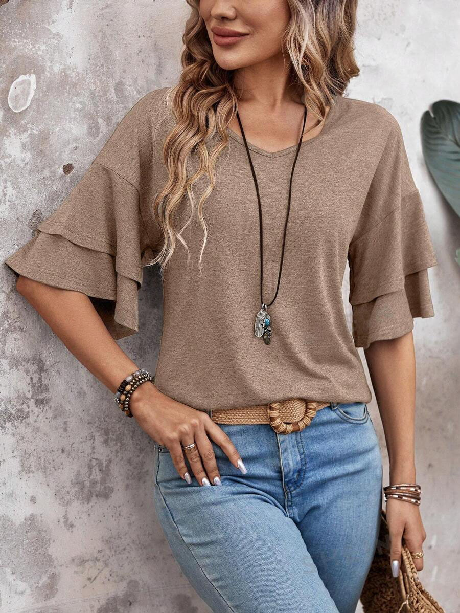 Summer V Neck Ruffle Sleeve Loose Fit Women’s Top