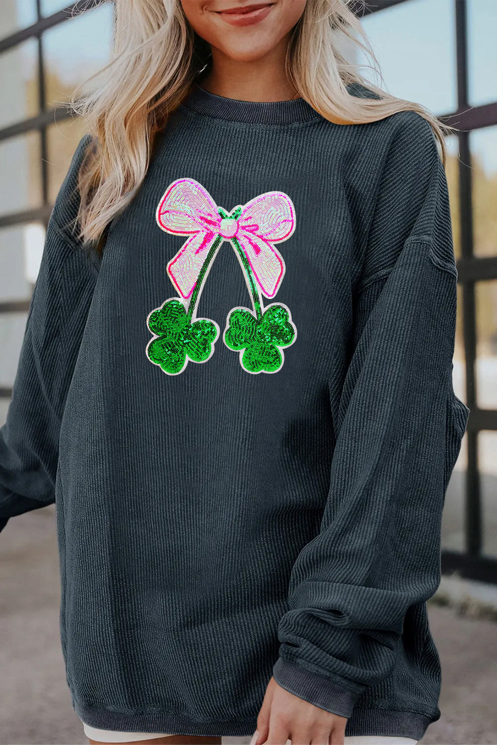 Saint Patrick’s Day Bow Clover Graphic Corded Sweatshirt