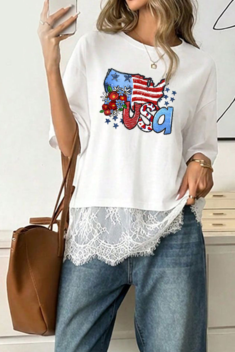 USA Graphic Woven Tee Lace Hem Flag Cute Summer Top