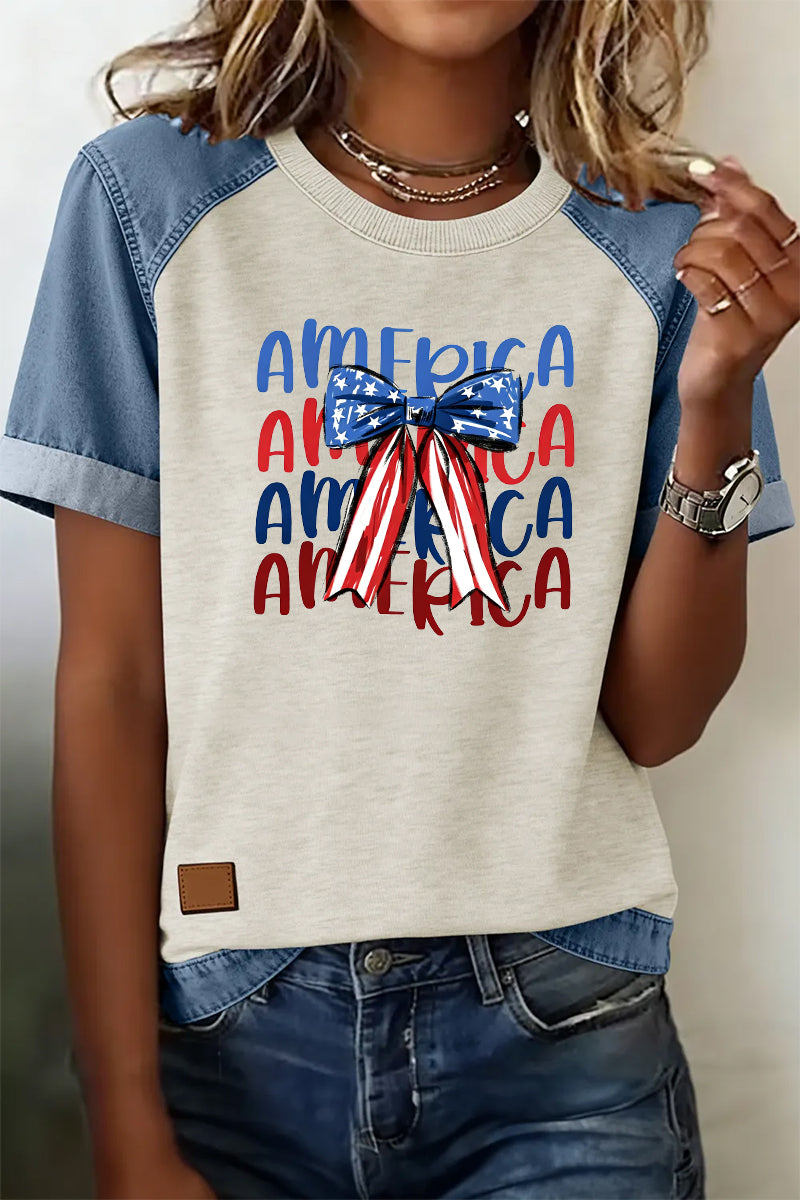 Patriotic Graphic Tee Denim Patchwork USA Back Print