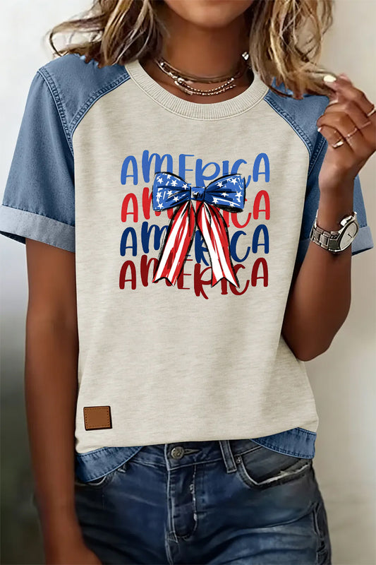 Patriotic Graphic Tee Denim Patchwork USA Back Print