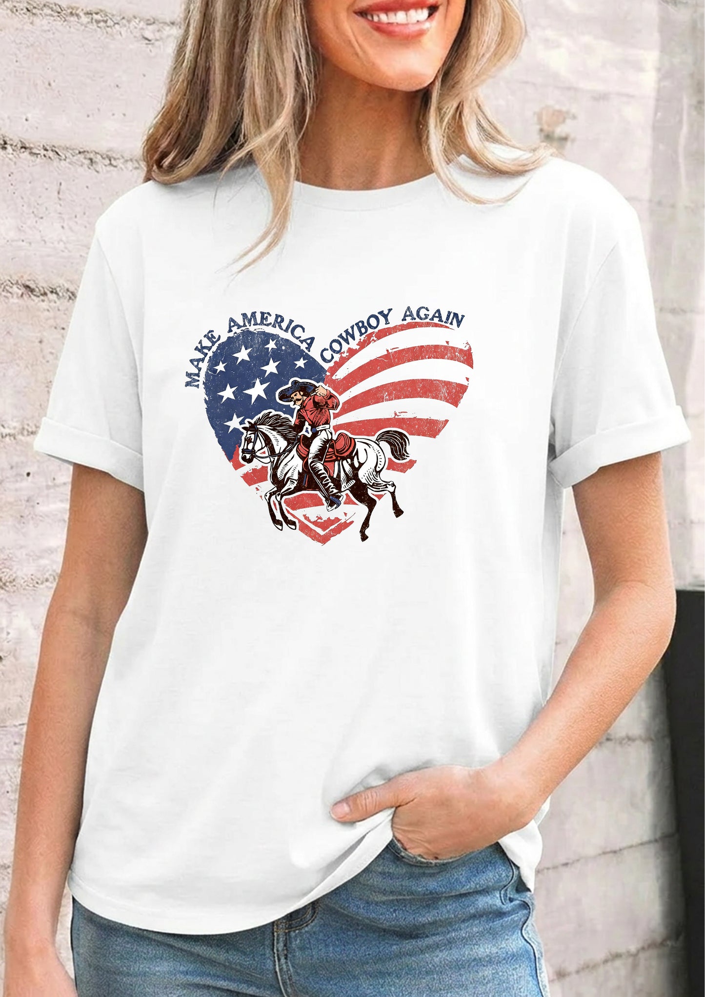 Cowboy America Flag Heart Independence Day Graphic Tee