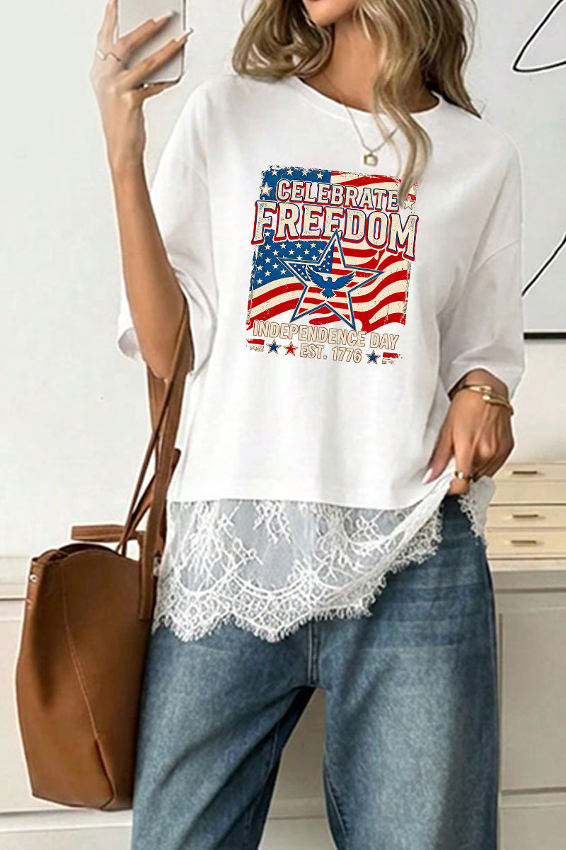 USA Flag Graphic Tee Lace Trim Patriotic 1776 Summer