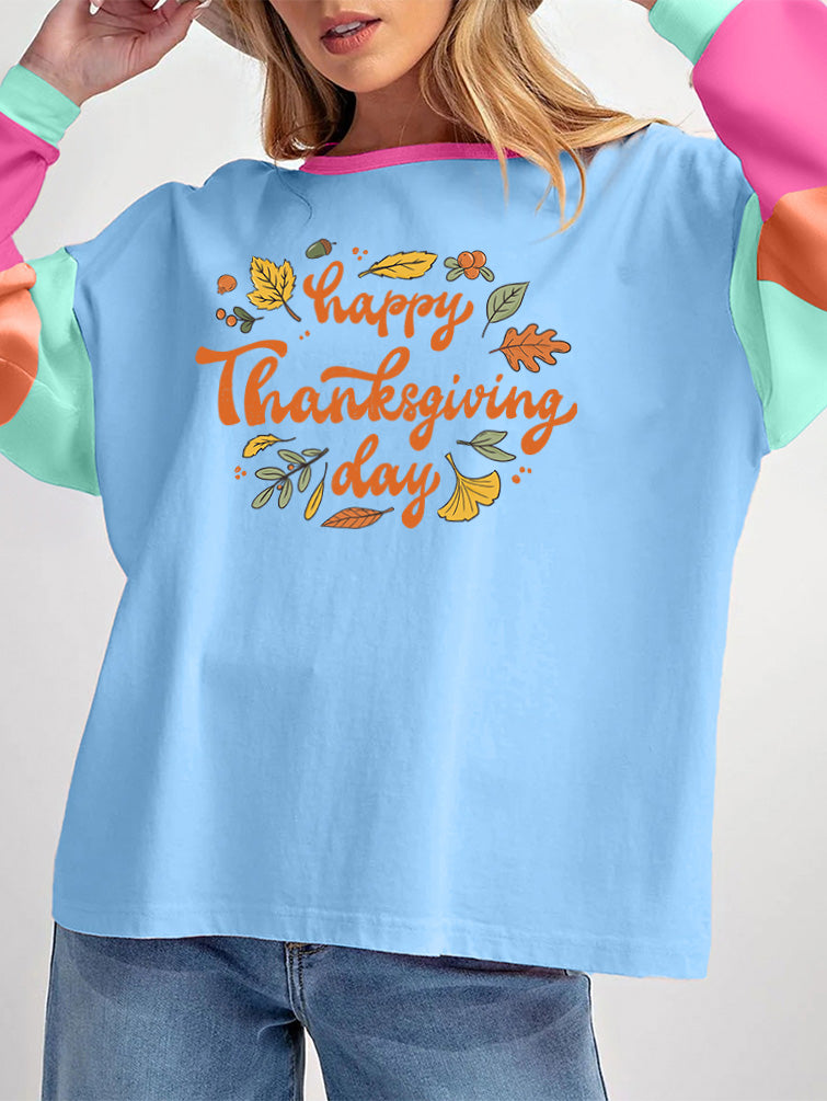 Happy Thanksgiving Day Color Block Long Sleeve Tee