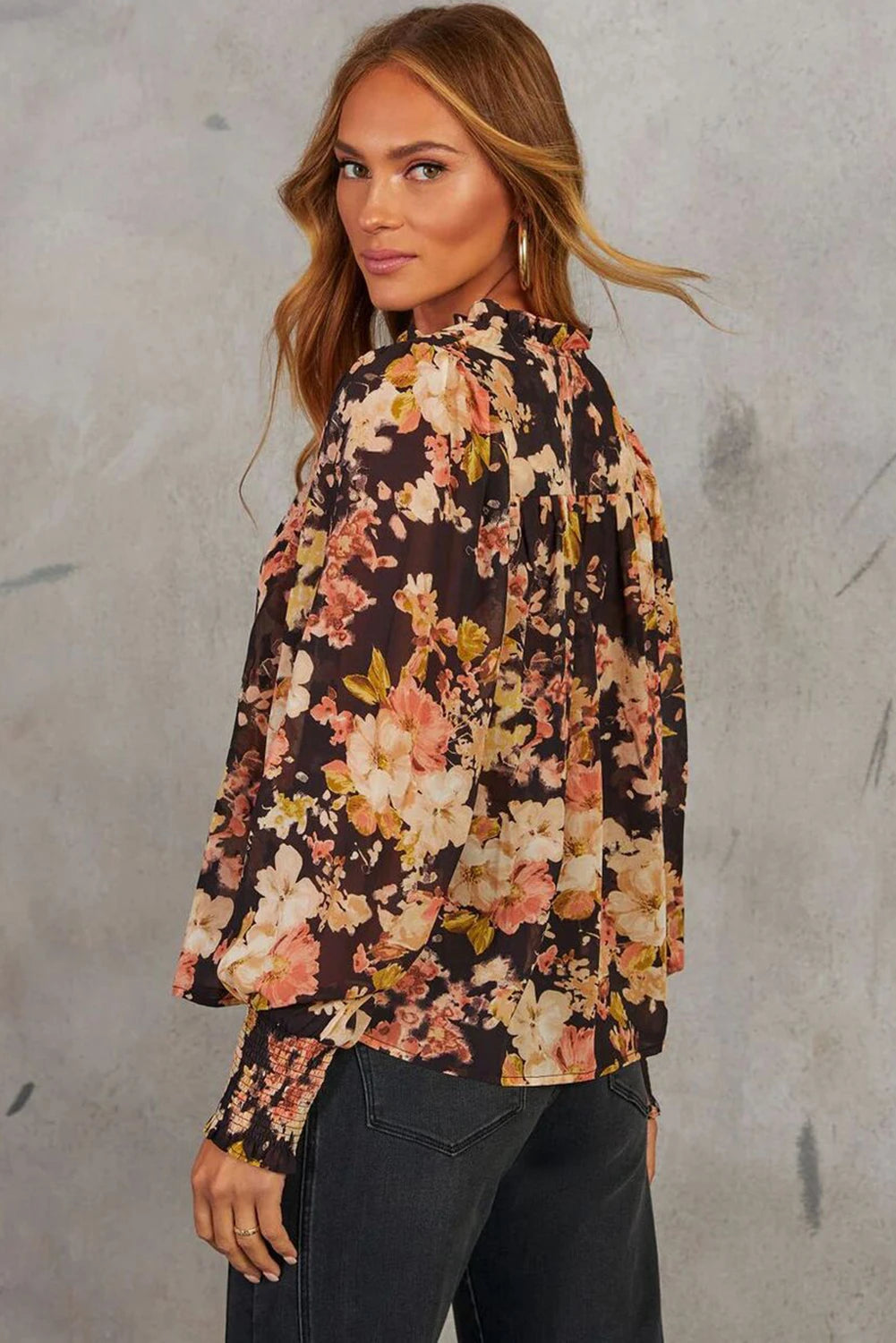 Black Floral V Neck Long Puff Sleeve Breezy Blouse
