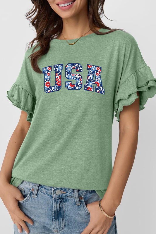 USA Floral Graphic Ruffle Sleeve Tee Patriotic Holiday Top
