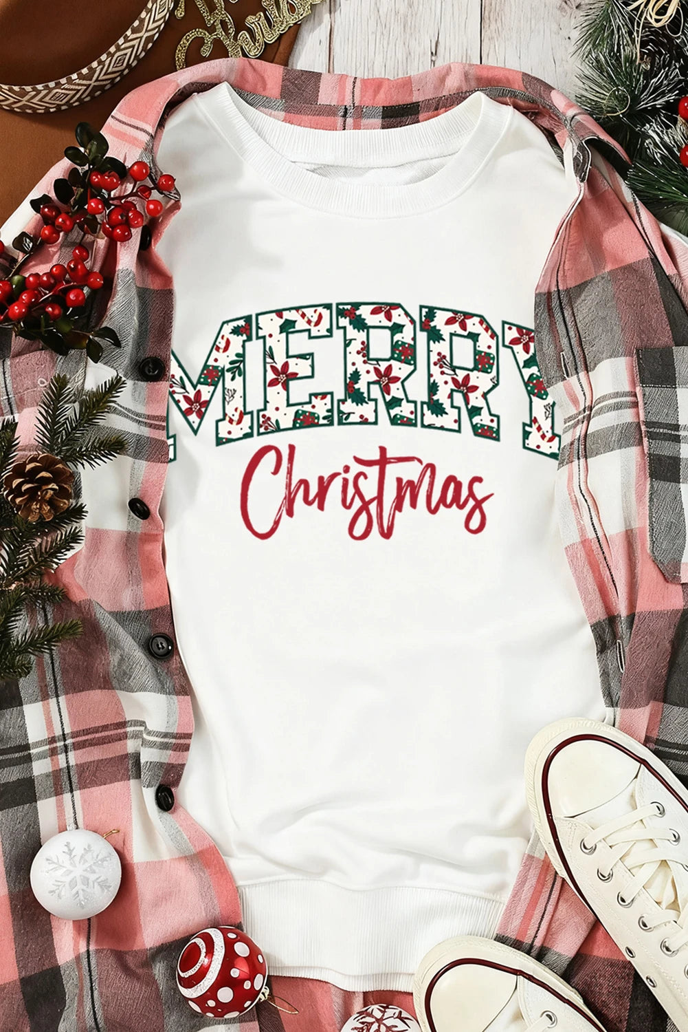 White Merry Christmas Cotton Blend Custom Graphic Sweatshirt