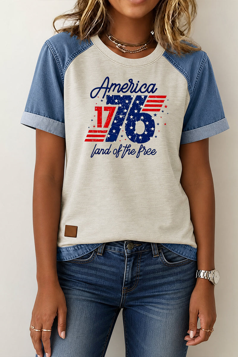 Patriotic Graphic Tee Denim Patchwork America 1776 Top