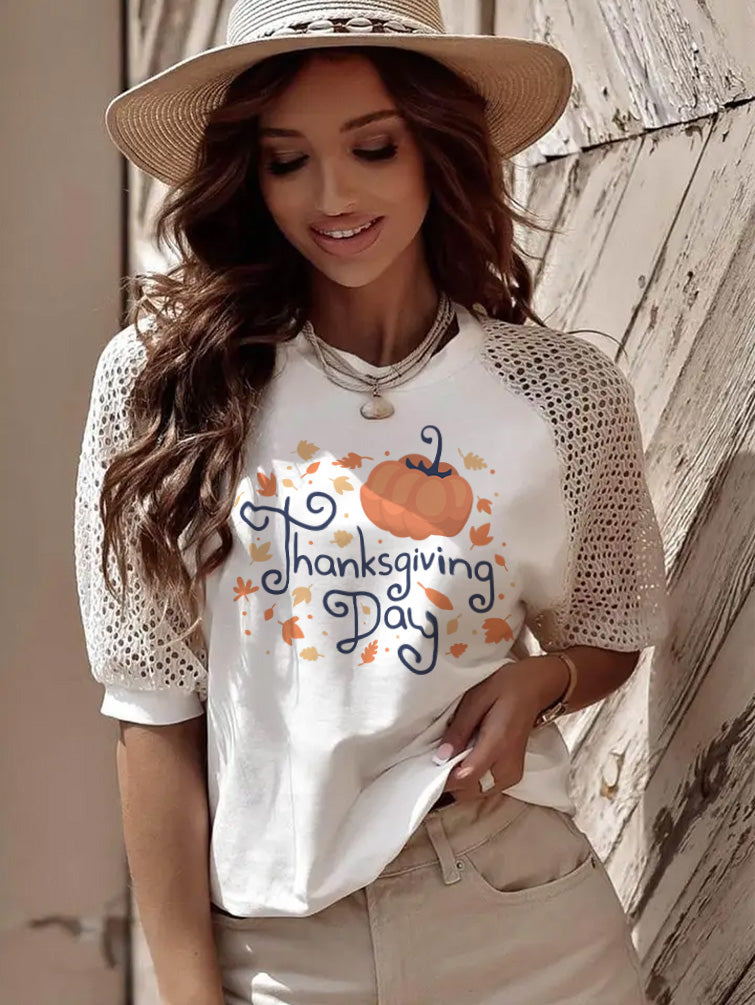 Fall Thanksgiving Pumpkin Lace Sleeve Graphic Top