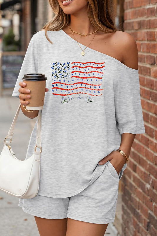 Floral American Flag Off Shoulder Shorts Set Women