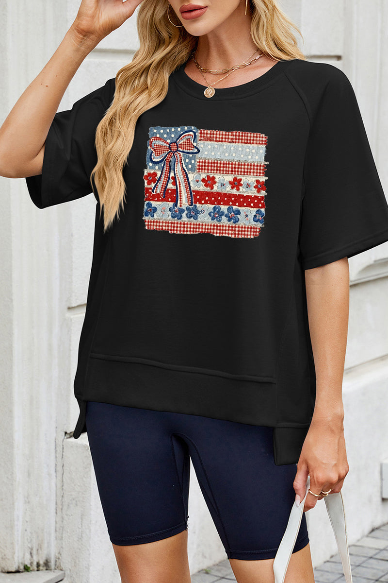 USA Flag Bow Graphic Tee Women Patriotic 4th July Top