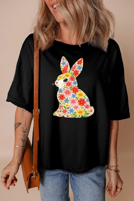 Easter Floral Bunny Graphic Tee Casual Spring Womens Top