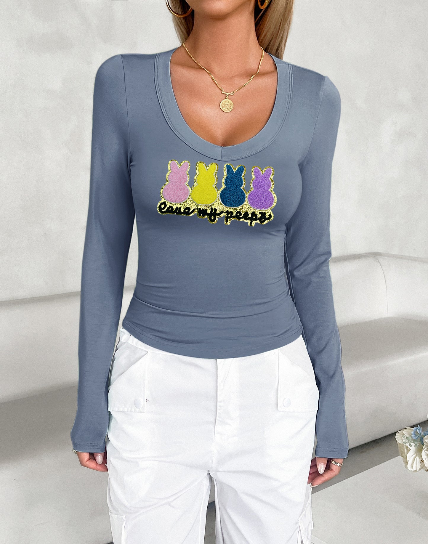 Easter Bunny Graphic U Neck Long Sleeve Fitted Top