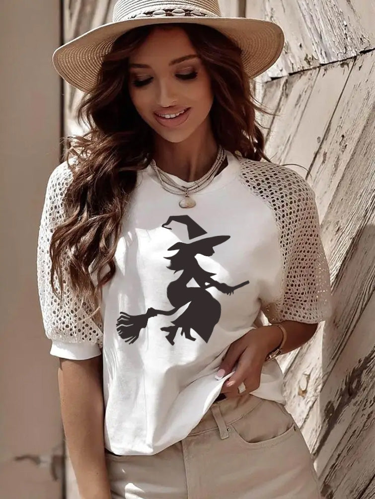 Halloween Witch Graphic Crochet Sleeve White T Shirt