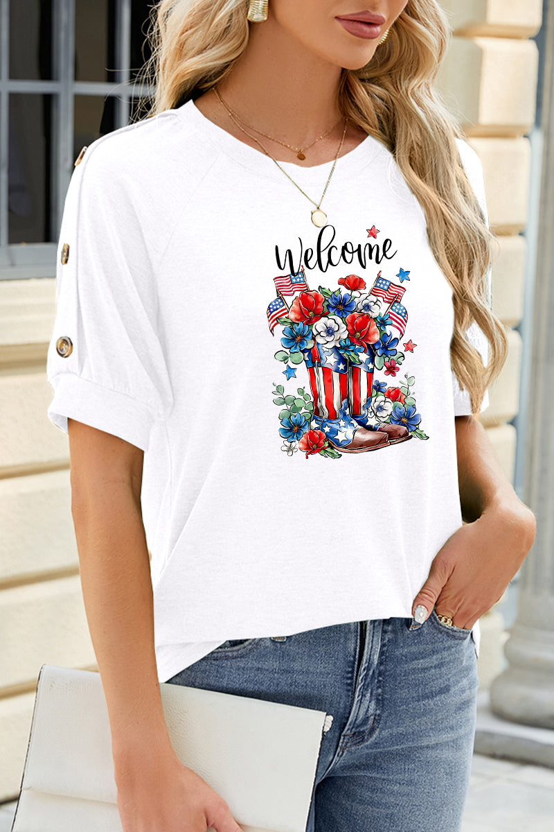 Welcome Floral Graphic Rayon Tee Boutique Patriotic Top