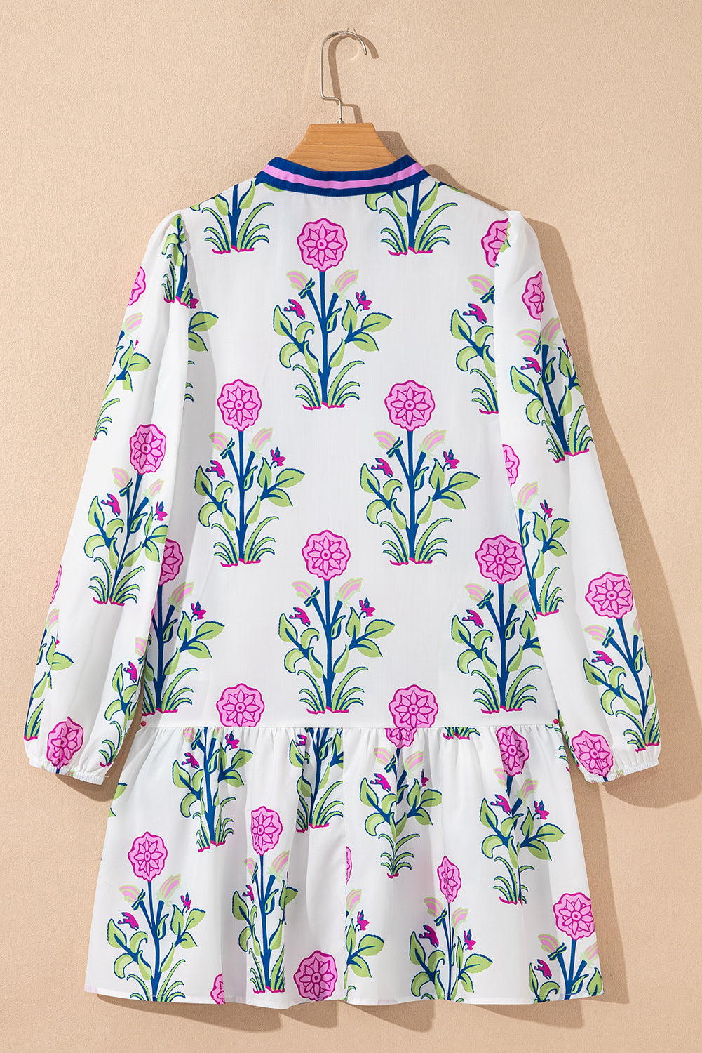 Sky Blue Floral Print Contrast Striped Trim Notched Neck Long Sleeve Dress