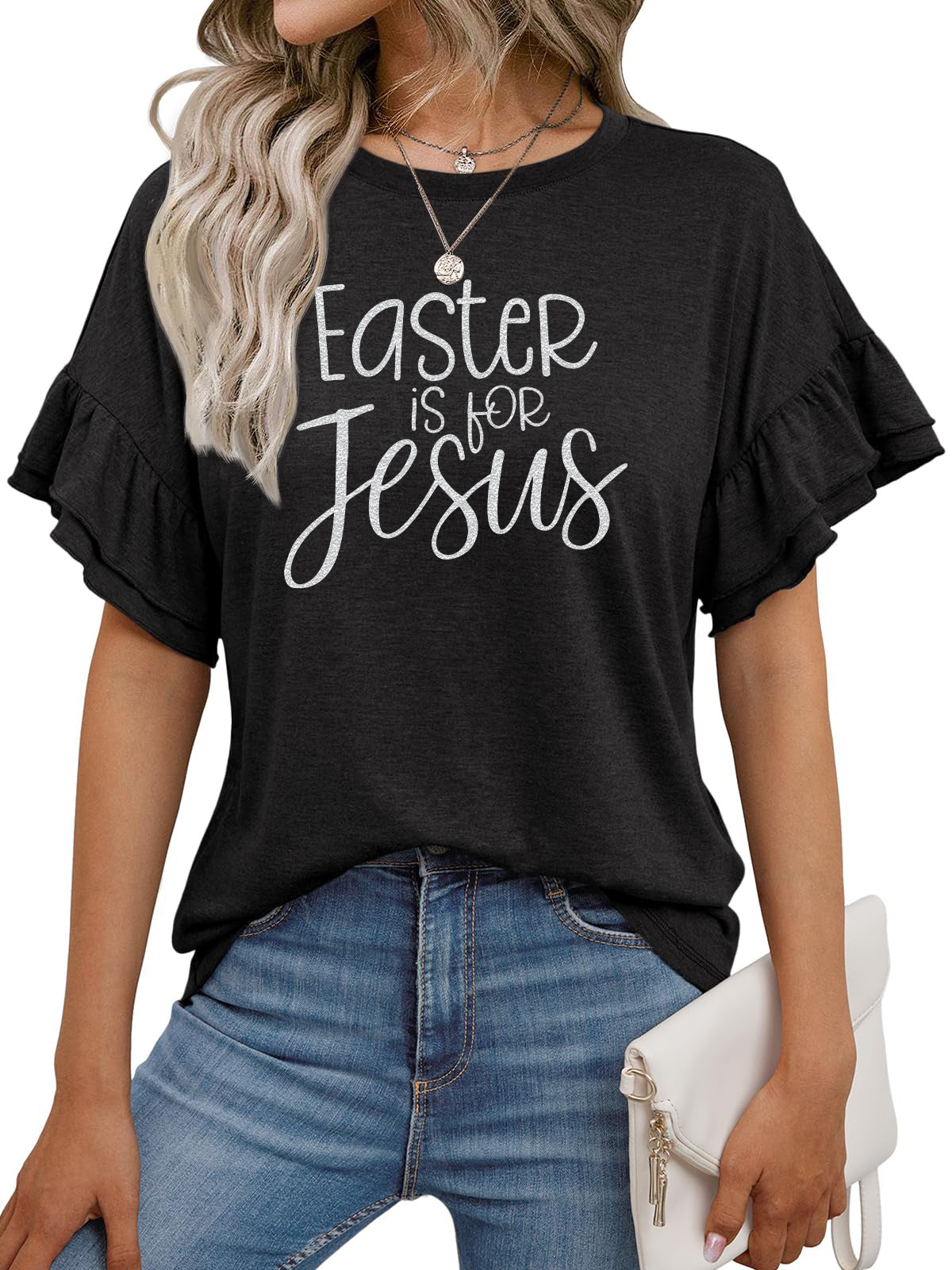 Easter Faith Gold Foil He Is Risen Ruffle Sleeve Tee