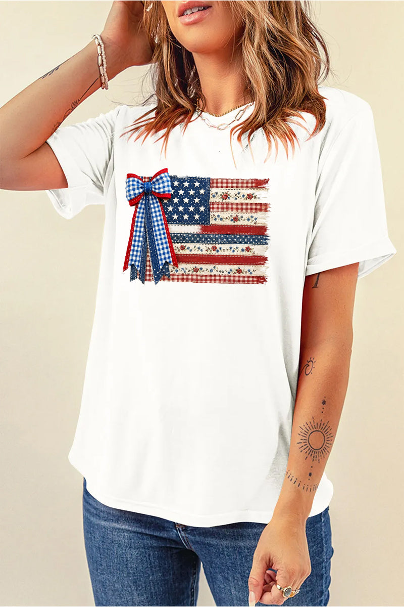 USA Flag Bow Graphic Tee Women Patriotic 4th of July Top