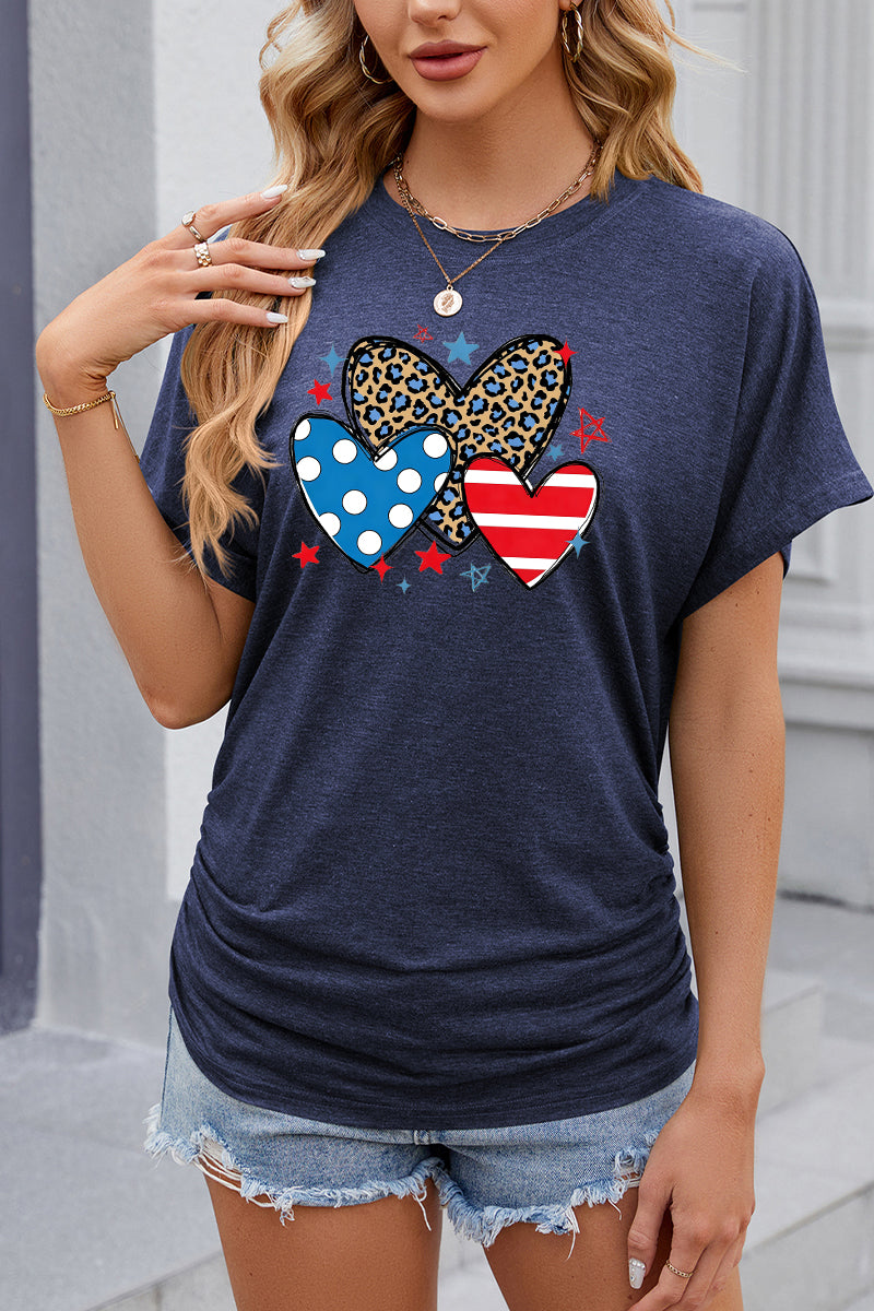 Leopard Heart USA Flag Graphic Casual Summer Tee