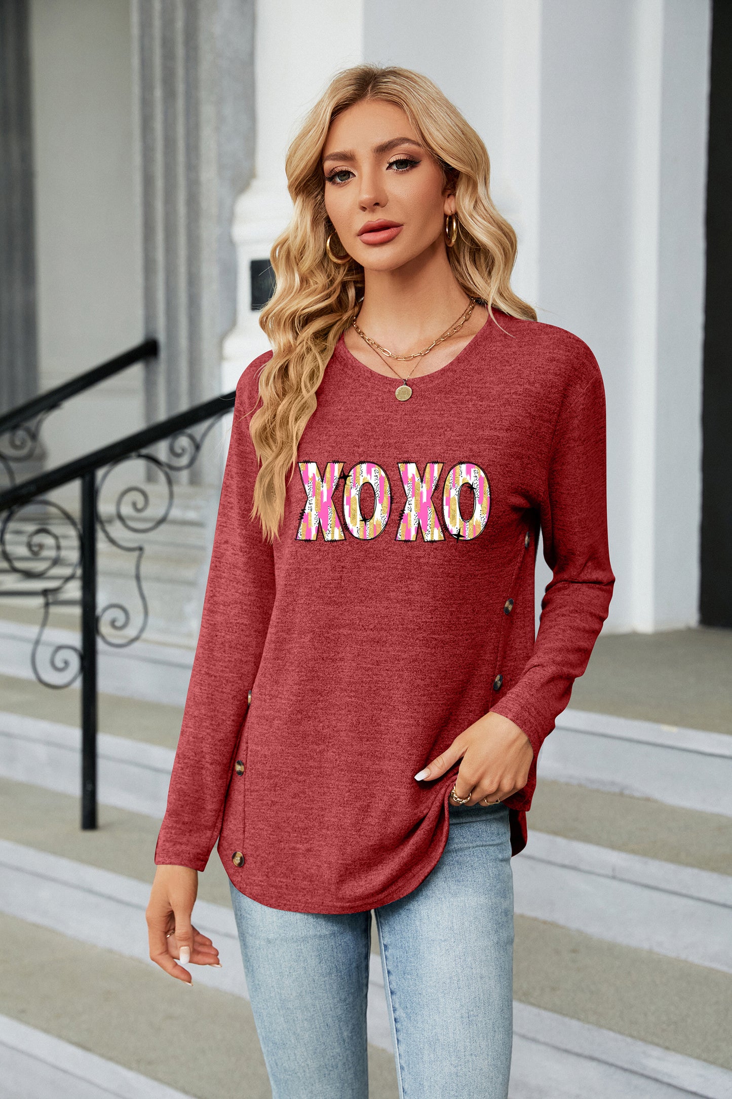 Valentine's Day Bold XOXO Print Long Sleeve Top