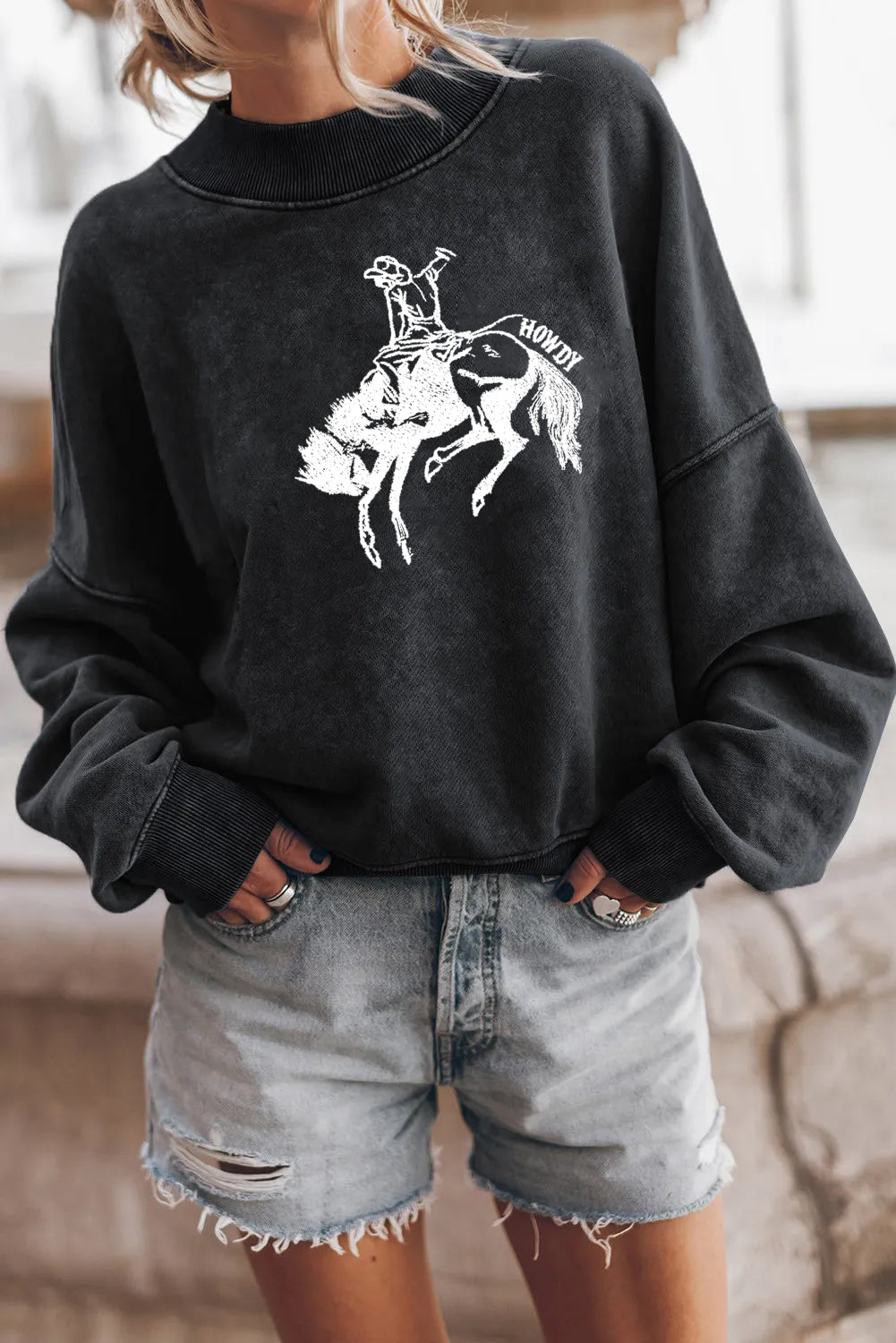 Western Cowboy Graphic Washed Sweatshirt for Women