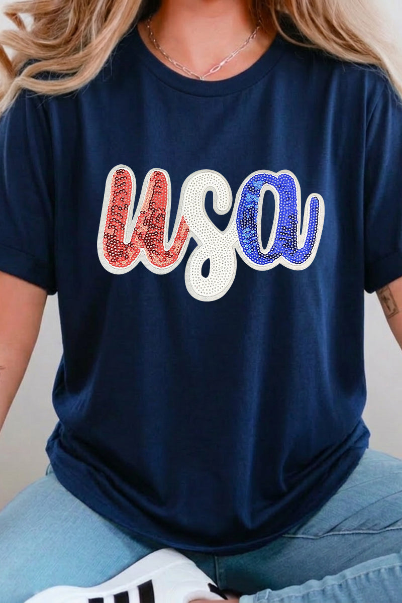 4th of July USA Sequin Letter Graphic Tee