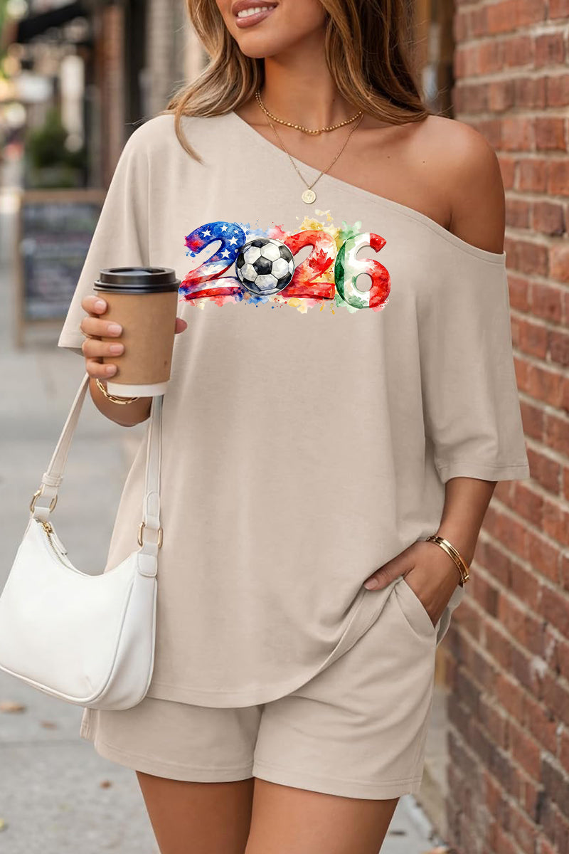 2026 World Cup Graphic Off Shoulder Shorts Set Women