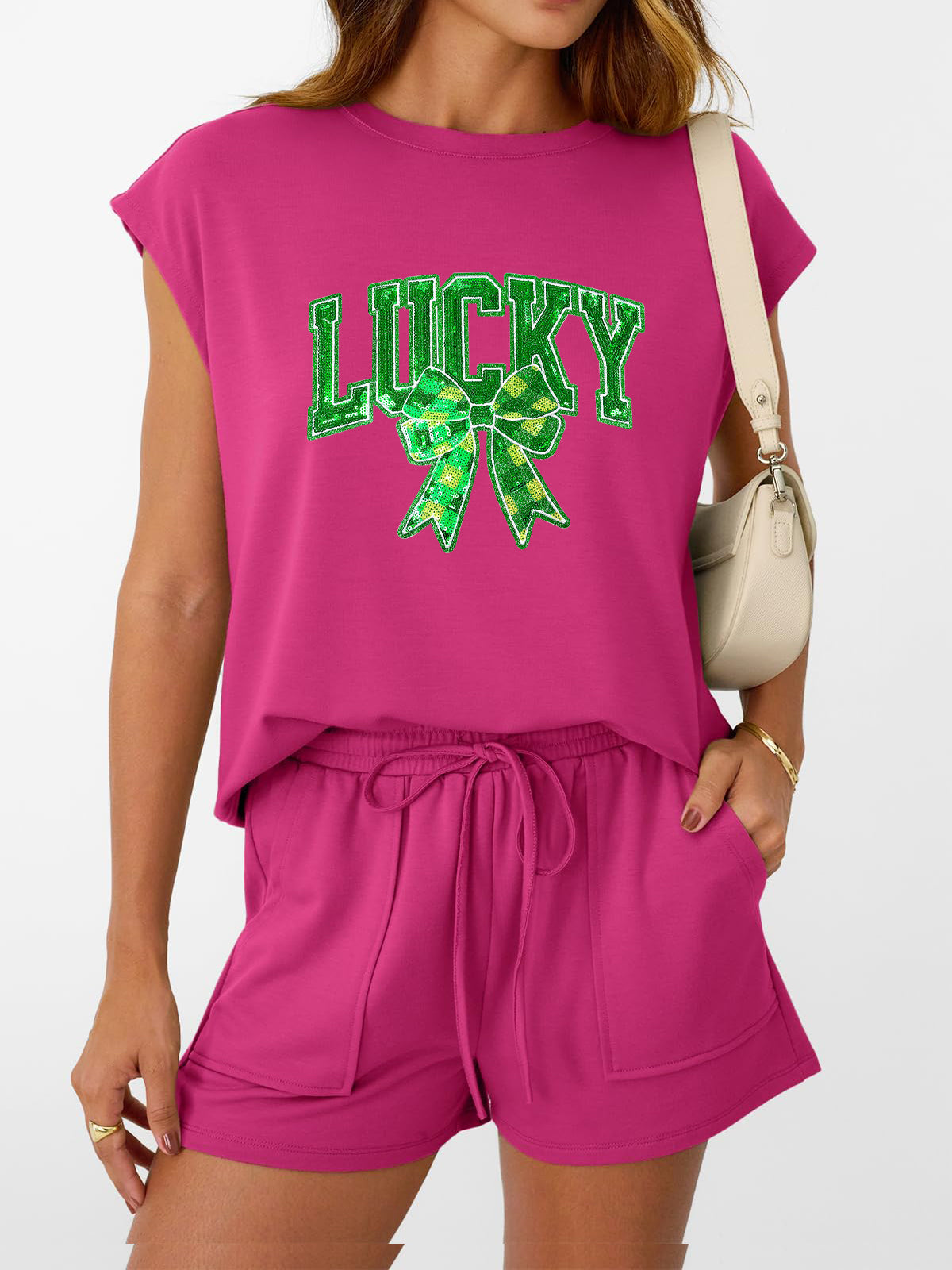 St Patricks Day Lucky Sequin Bow Two Piece Set
