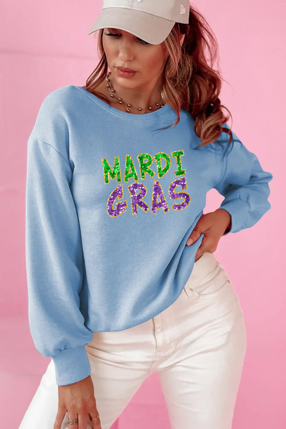 Mardi Gras Sequin Text Loose Fit Sweatshirt