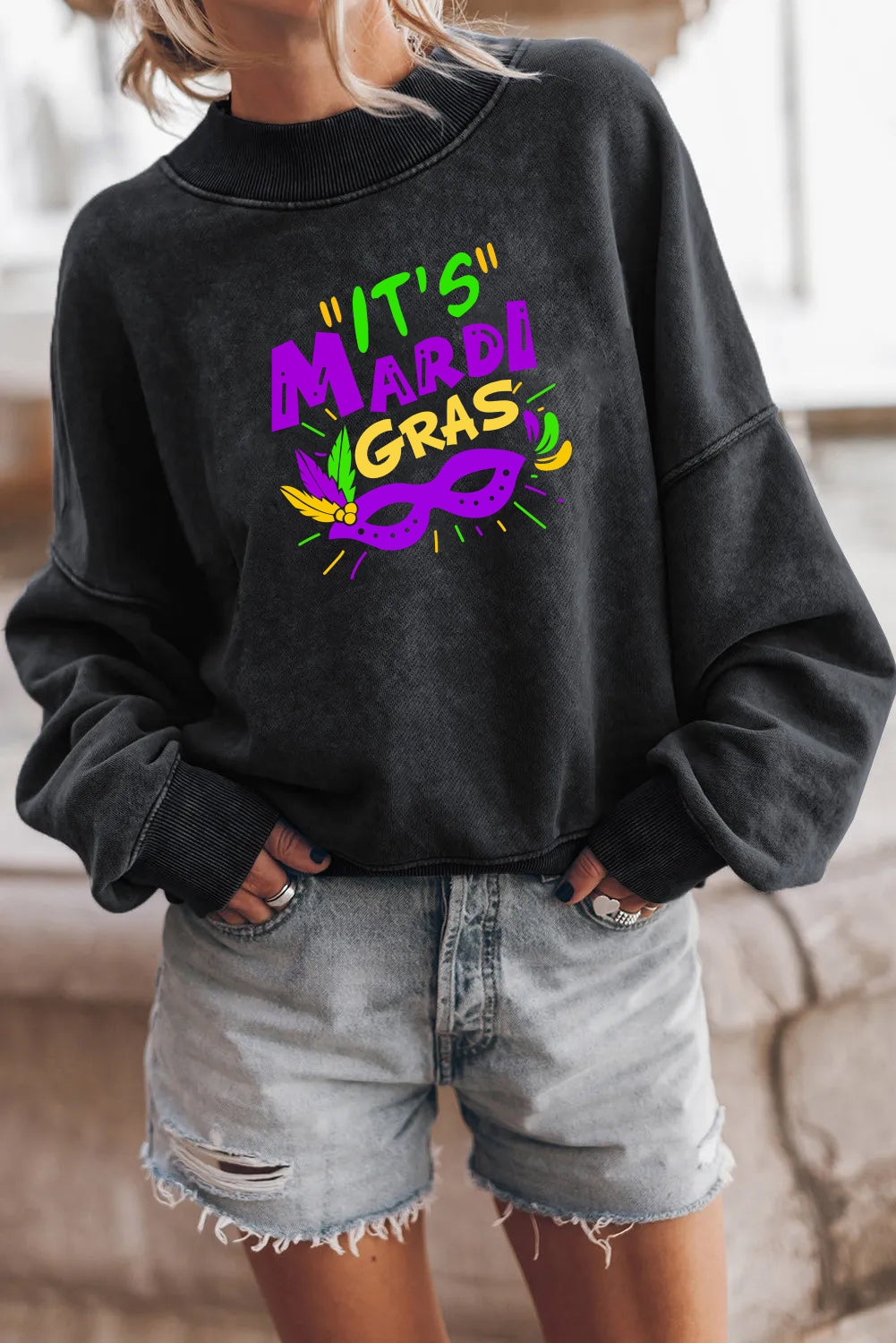 Mardi Gras Graphic Sweatshirt Mask Print Crewneck