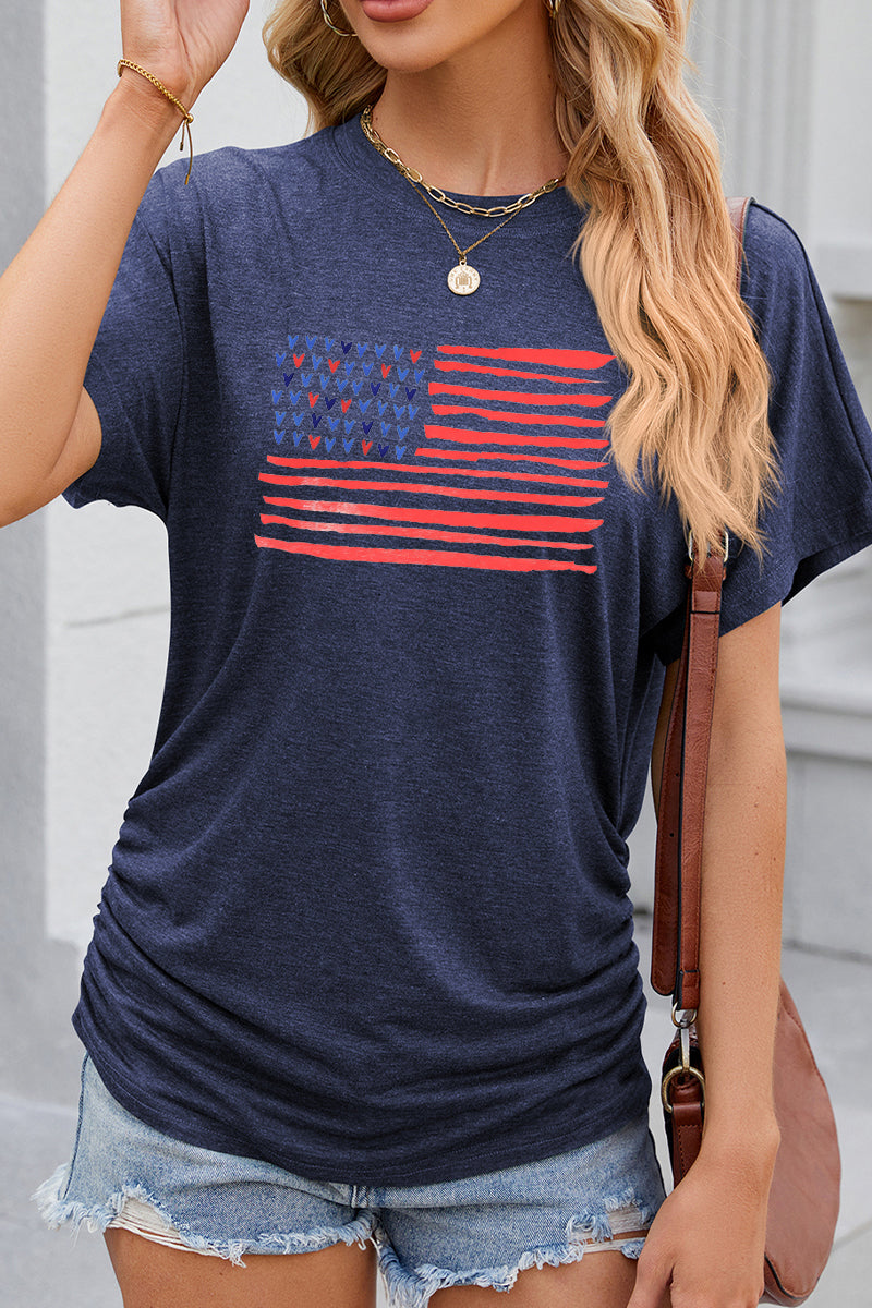 USA Flag Graphic Ruched Side Casual Summer Tee