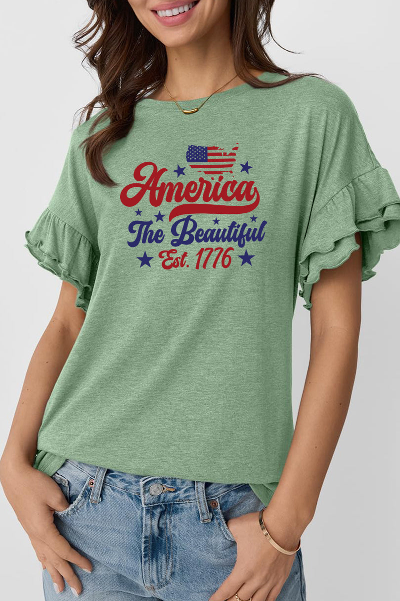 America Graphic Tee Patriotic Ruffle Sleeve Top