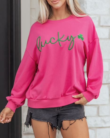 Rose Red Lucky Clover Embroidered Loose Pullover Sweatshirt