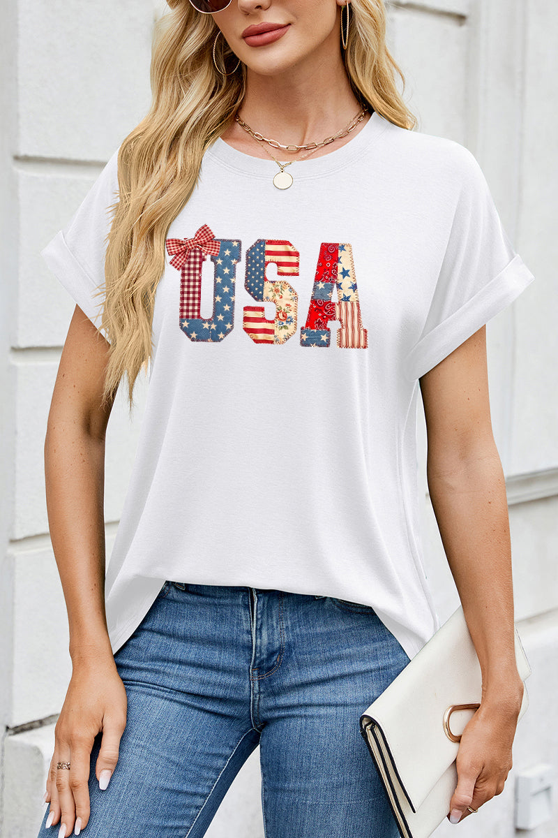 USA Patriotic Bow Graphic Tee Women 4th of July Shirt