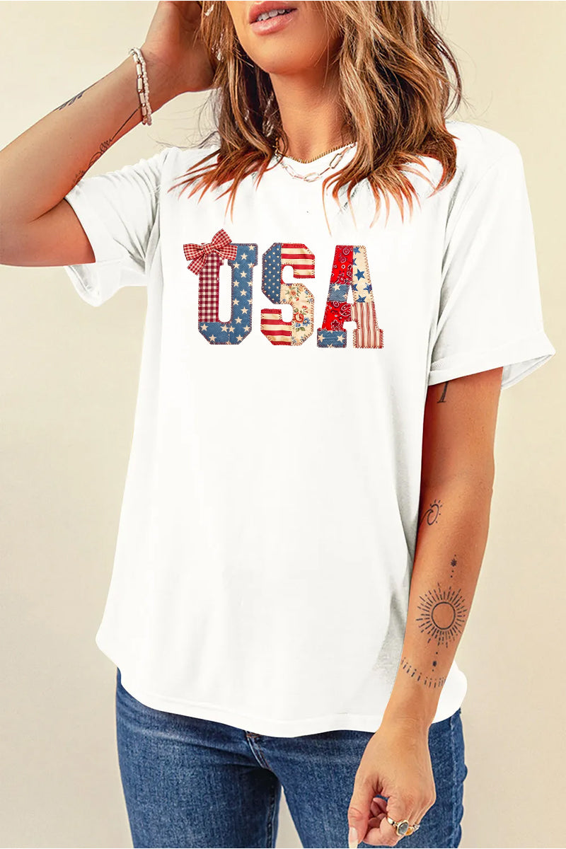 USA Patchwork Bow Graphic Tee Women Patriotic Summer Shirt