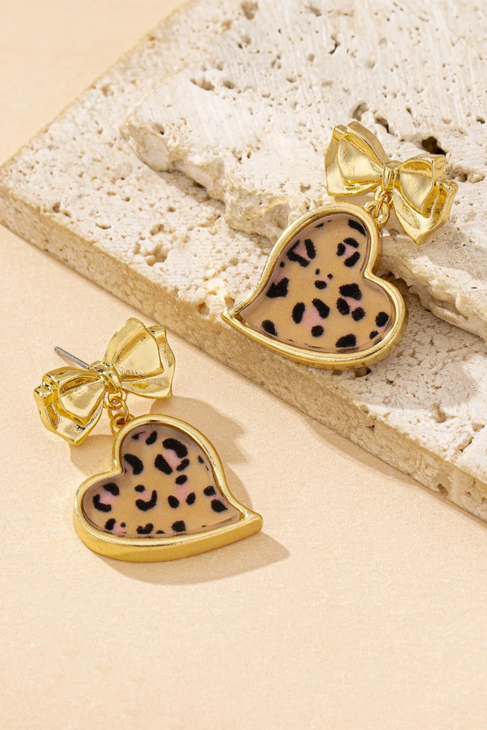 Gold Plated Bow Leopard Heart Pendant Earrings