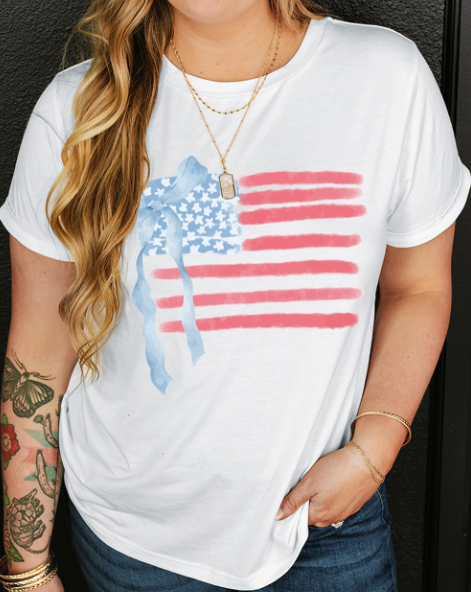 White Bow USA Flag Print Plus Size Independence Day T Shirt
